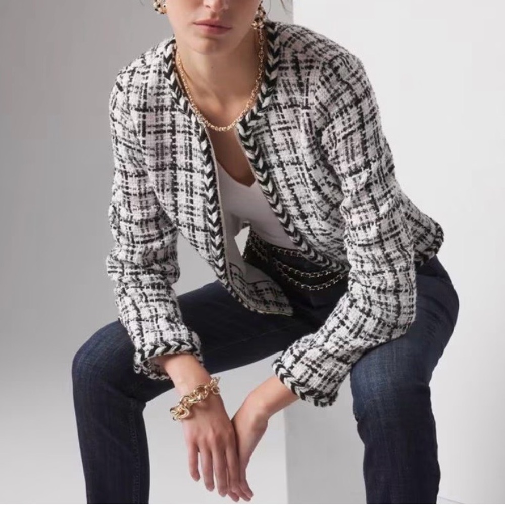 White House Black Market WHBM Braided Trim Tweed Jacket Black & White 12 NWOT